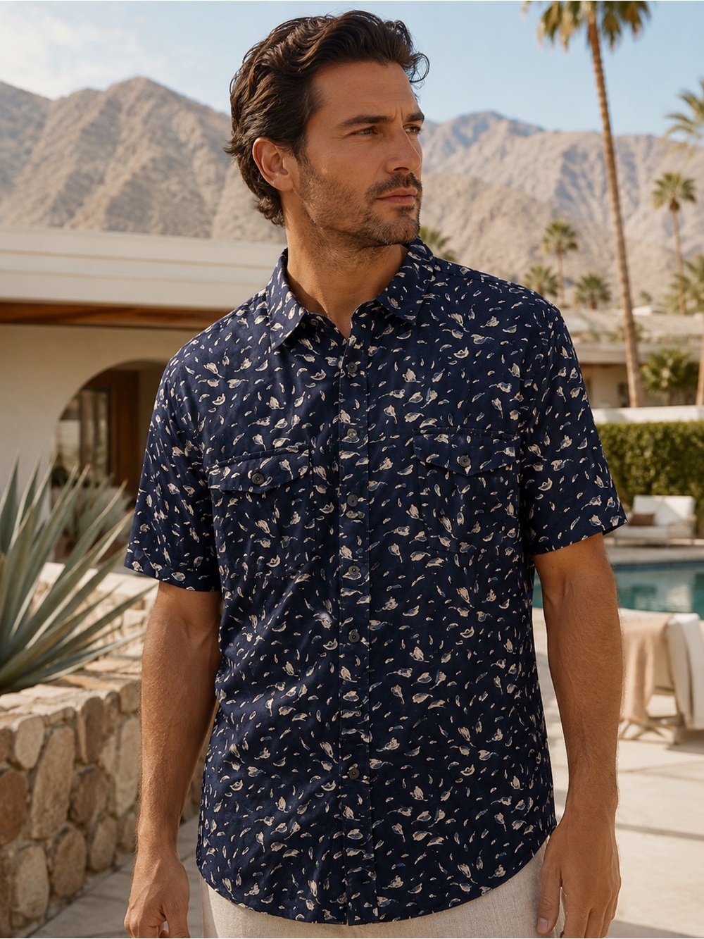 John Varvatos Navy Abstract Print Cotton Short Sleeve Button Up XXL
